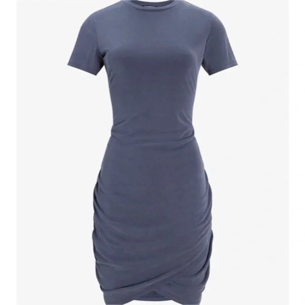 NWT Express Blue Silky Sueded Jersey Ruched T-Shirt Dress. Size Small.